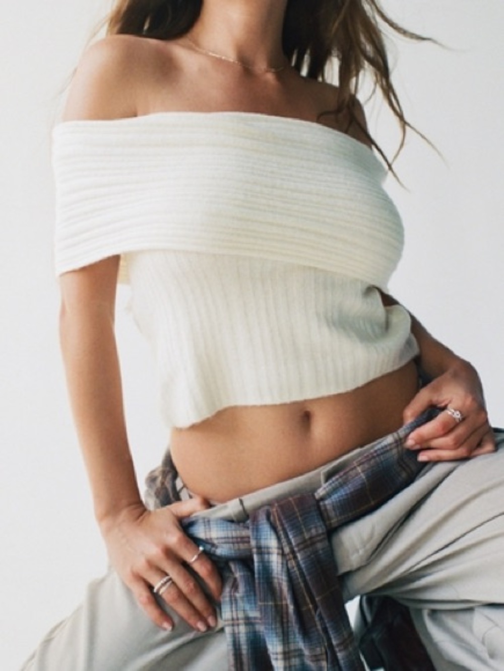 Ribbed Foldover Off-The-Shoulder Sweater Top - BROWN - Small